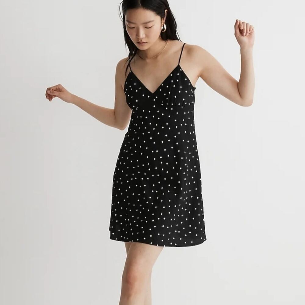 NWT Madewell Polka Dot Mini Slip Dress 00 | Black V-Neck Layton Viscose